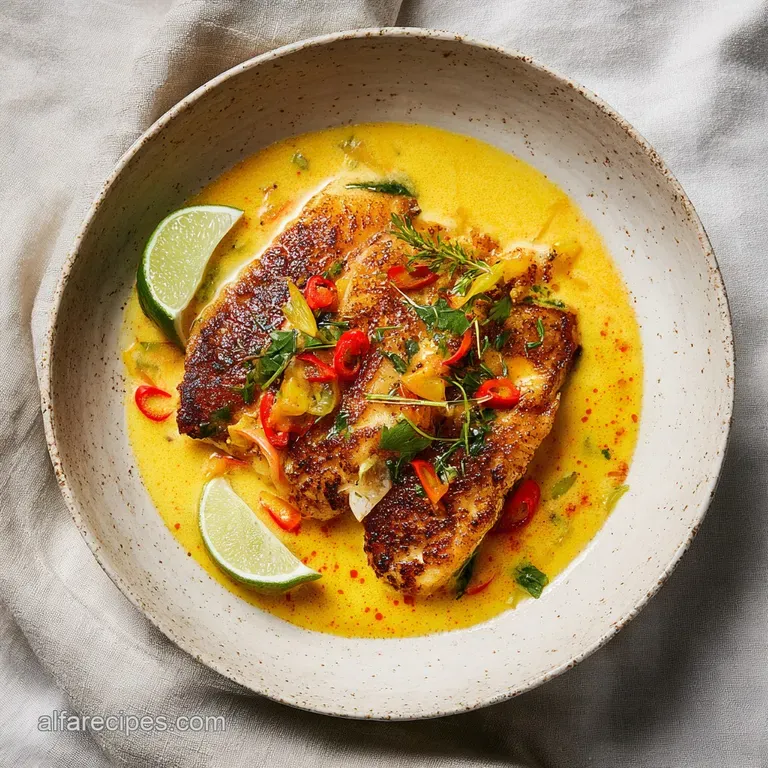 Elegant plate featuring a portion of tropical grouper with a rich, textured coconut sauce, garnished with bright cilantro ...