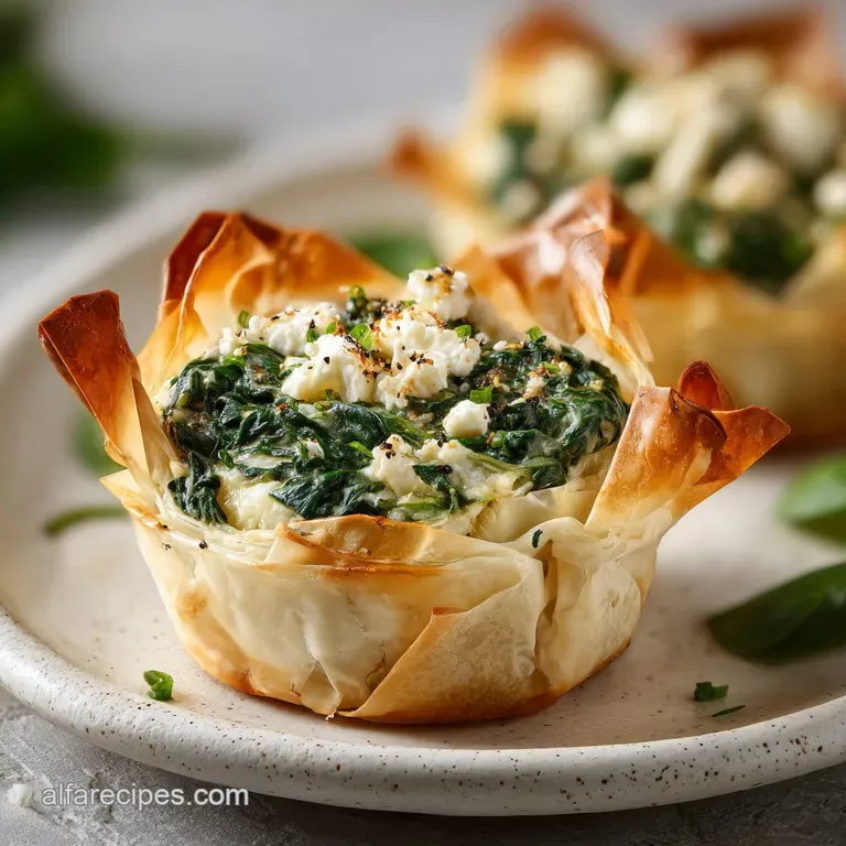 Elegant filo cup appetizers with spinach and feta filling; flaky pastry, colorful, plated for a party.