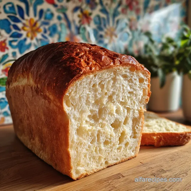 Slices of soft, white bread are served next to butter. Light catches the airy texture of the loaf's delicate crumb.