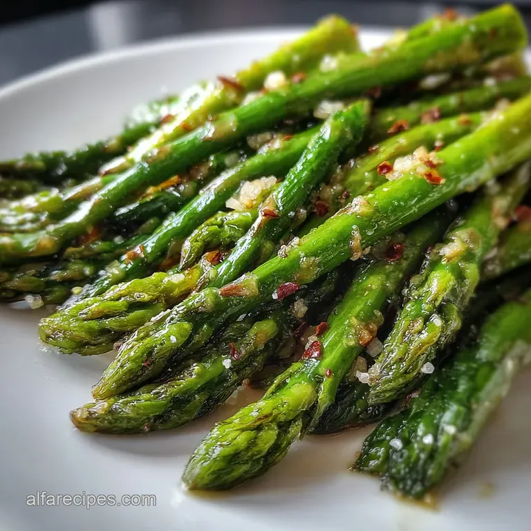 Vibrant green asparagus spears elegantly plated, drizzled with lemon, topped with toasted almonds, a healthy and delicious...