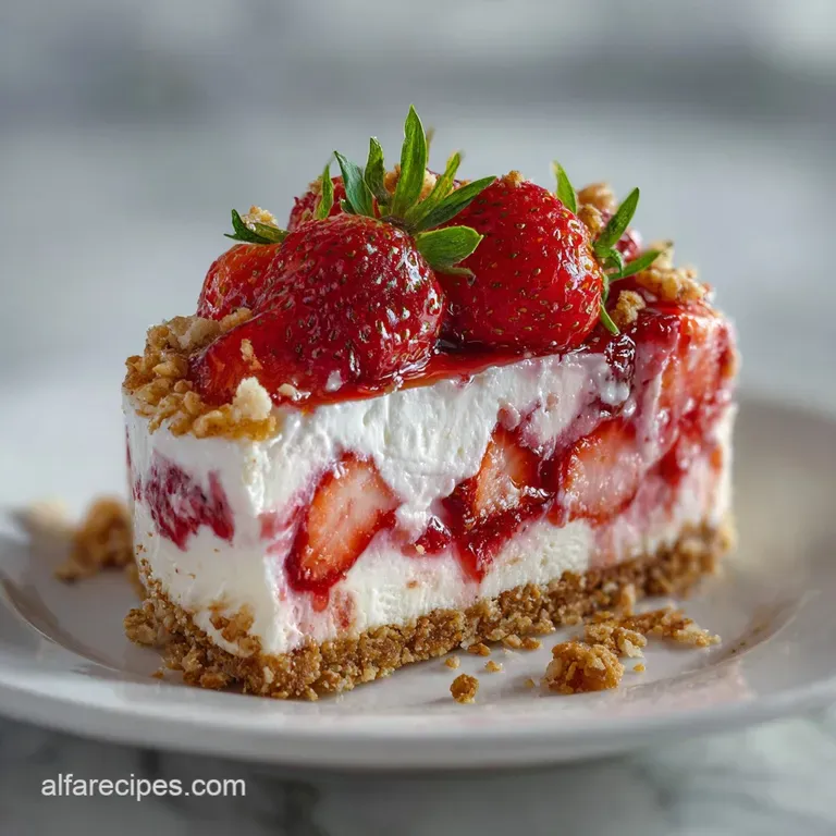 Slice of layered ice cream cake showing the strawberry crumble, creamy filling, and vibrant red strawberry pieces.