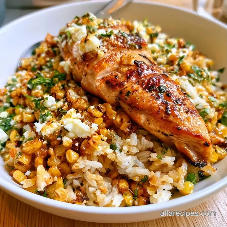 Vibrant bowl of grilled chicken and golden corn topped with crumbled cotija cheese and fresh green cilantro.