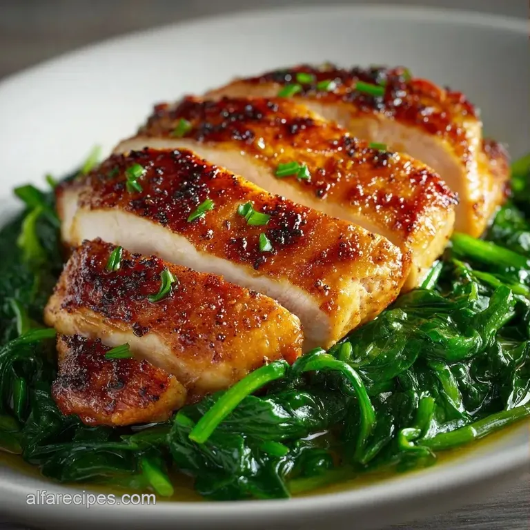 Sliced juicy chicken breast drizzled with lemon butter sauce, served with steamed asparagus on a ceramic plate.