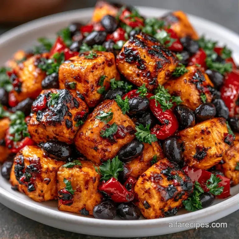 Colorful medley of charred orange tubers and dark legumes in a cast iron pan with a sprinkle of green herbs.