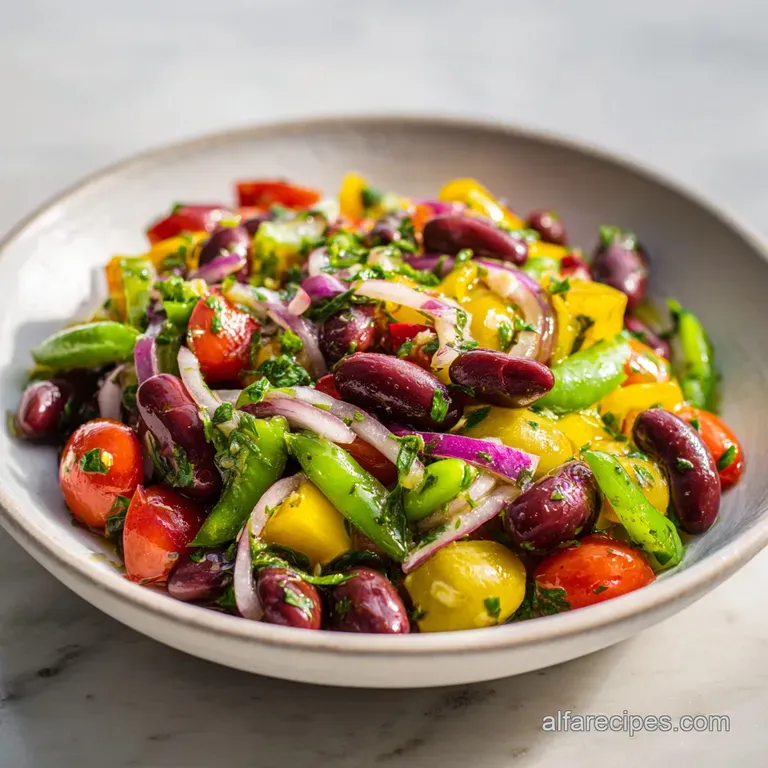A serving of bright bean salad artfully arranged on a white plate, drizzled with a tangy vinaigrette, ready to eat.