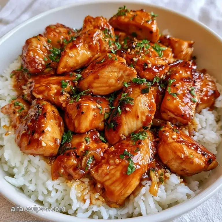 A neatly arranged bowl of glazed chicken and bright green broccoli over white rice, topped with white sesame seeds