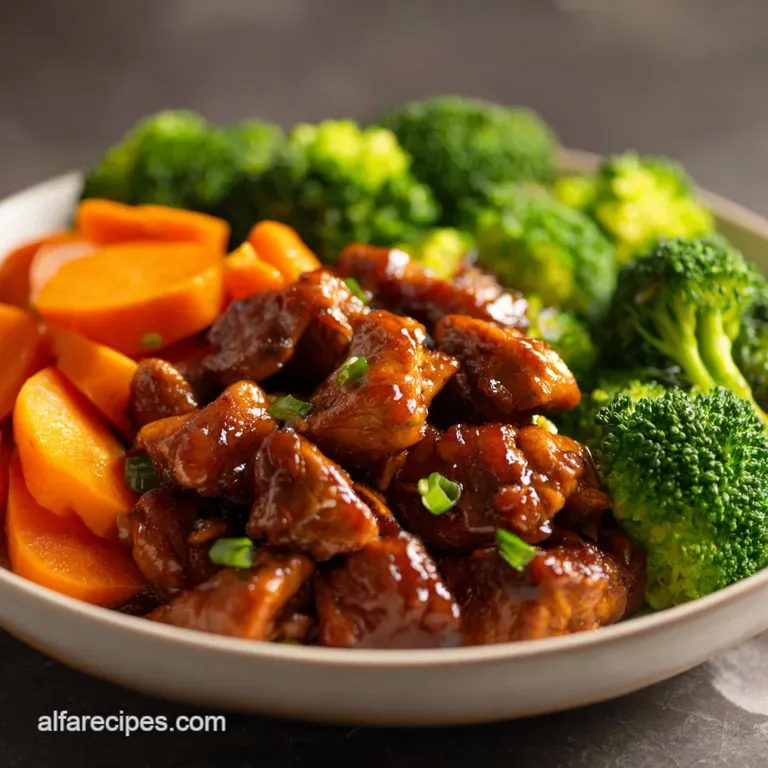 Saut&eacute;ed chicken and colorful vegetables glazed in a dark brown sauce, plated neatly in a shallow white ceramic bowl.