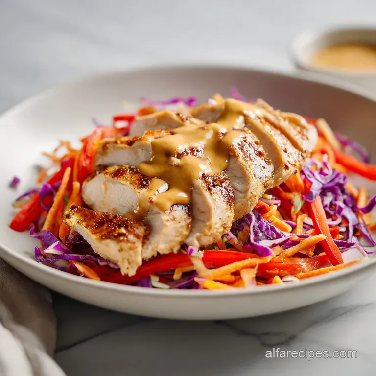 Vibrant medley of shredded chicken and colorful vegetables drizzled with rich peanut sauce and crushed nuts.