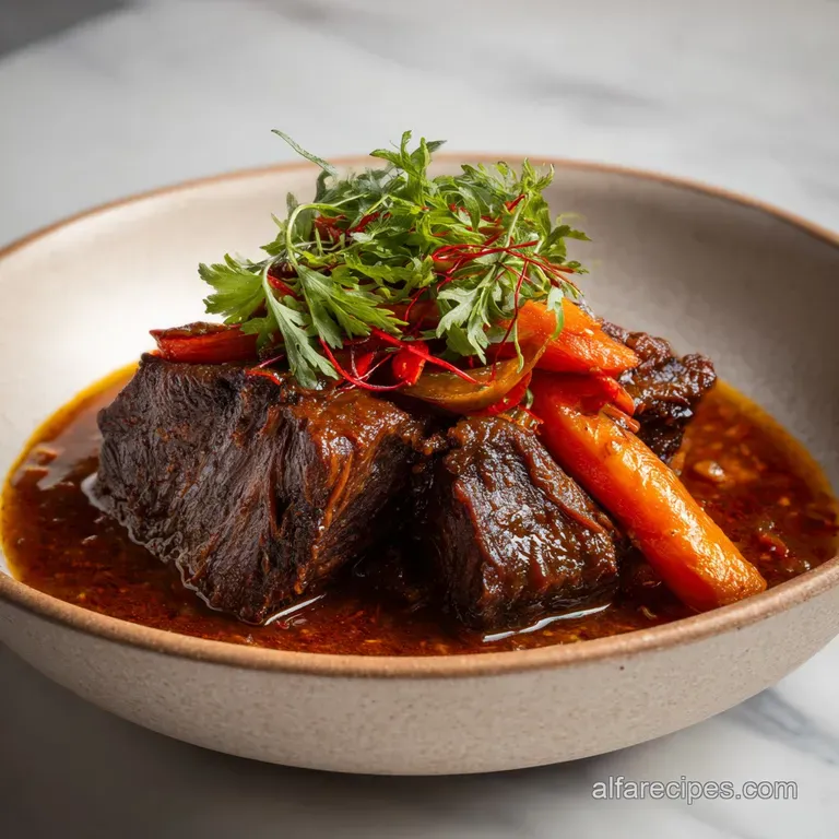A generous serving of braised beef and vegetables, glistening in a rustic bowl.