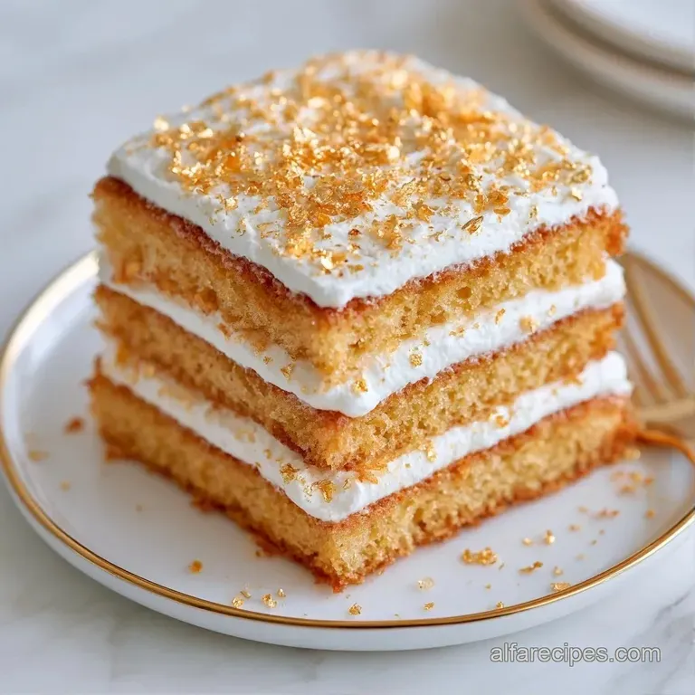 A precise slice of fluffy white cake on a marble plate, garnished with a fresh mint leaf and a gold-dusted raspberry.
