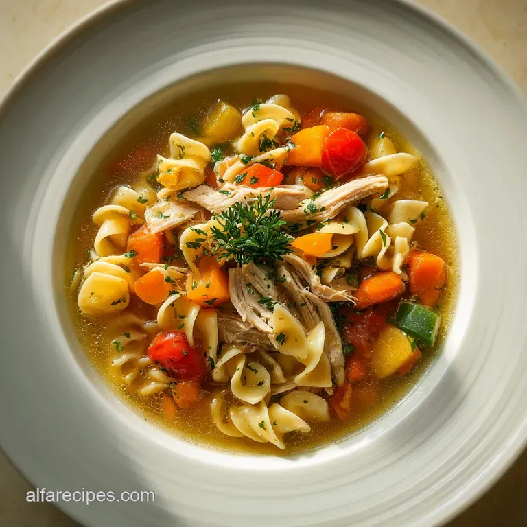 A steaming bowl of rich turkey soup, topped with fresh parsley and served with crusty bread.