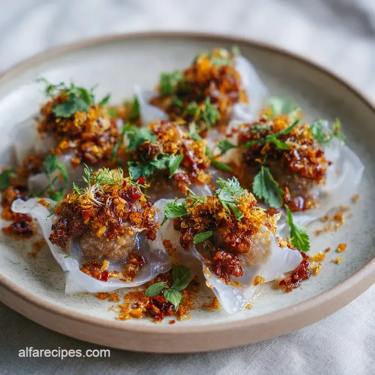 Artfully arranged crispy dumplings on a white plate, garnished with vibrant green herbs and a spoonful of chili sauce. Sim...