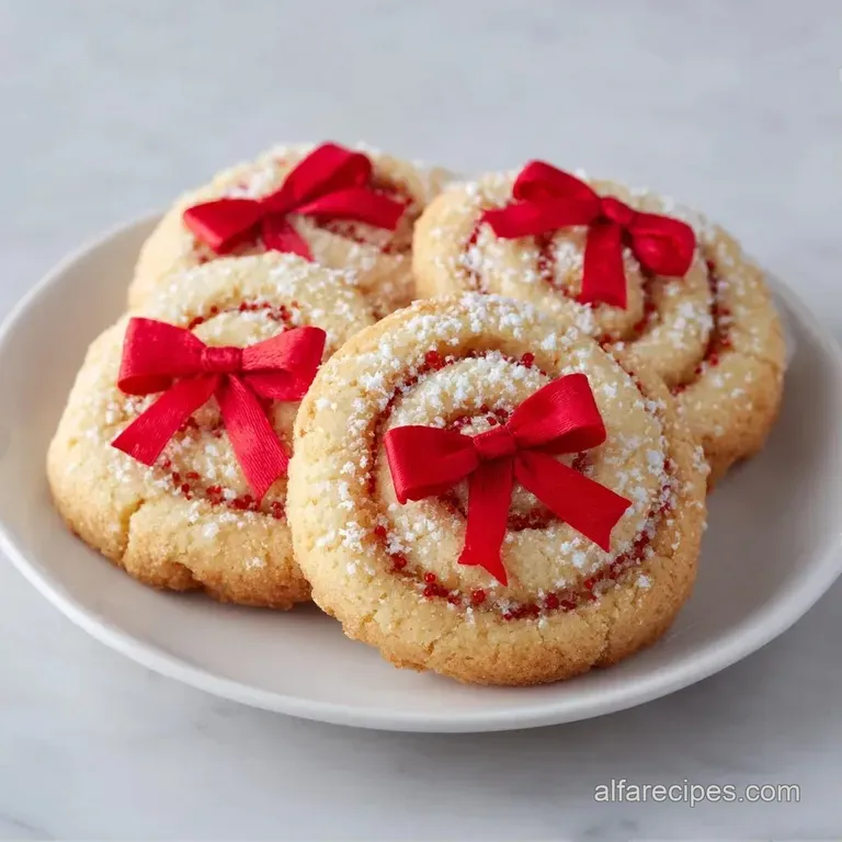 Crispy rolled cookies tied with thin red ribbons, dusted with powdered sugar on a rustic dark wood surface.
