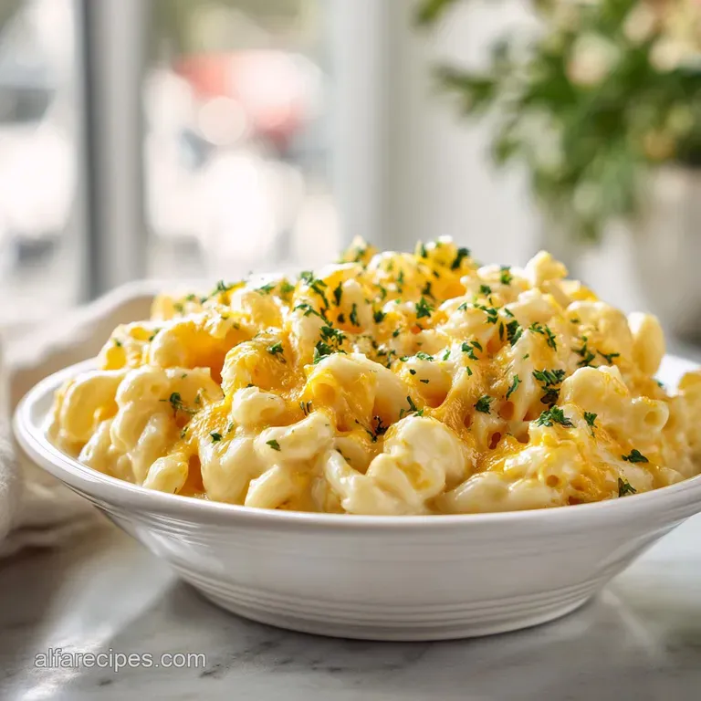 A swirl of cheesy noodles studded with vibrant orange squash. Fresh thyme sprigs add an earthy green counterpoint on a whi...