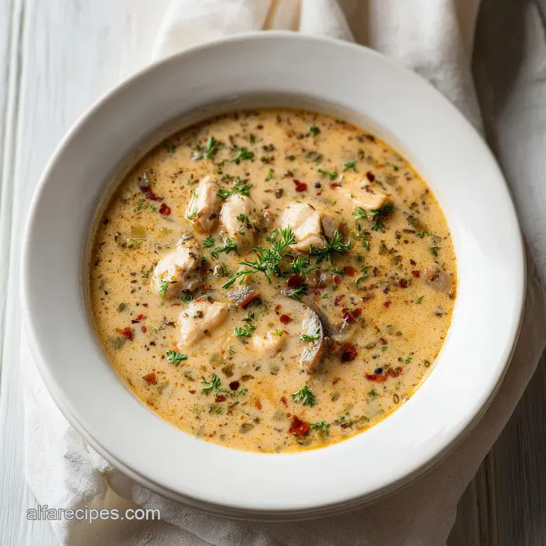 Elegant bowl of white chicken chili, topped with a swirl of cream and a sprinkle of vibrant cilantro. A warm, inviting and...