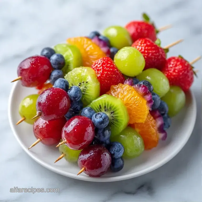 A white platter of rainbow fruit sticks garnished with fresh mint leaves and a light honey glaze for a glossy finish.