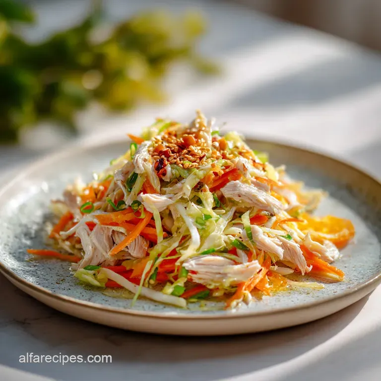 Plated chicken salad featuring vibrant red cabbage, juicy mandarin oranges, toasted almonds, and a creamy, rich dressing.
