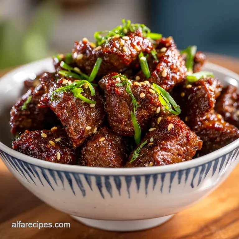 Perfectly seared steak bites, artfully arranged on a plate with delicate microgreens and a drizzle of glistening sauce.
