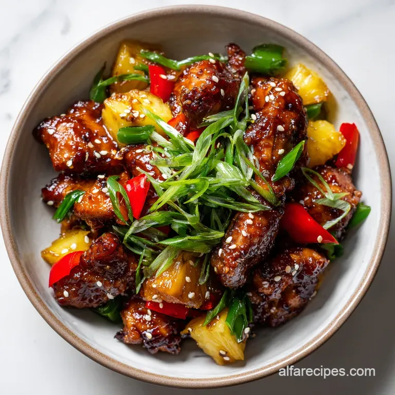 Juicy glazed chicken and pineapple skewers on a white plate, garnished with vibrant green scallions. A flavorful meal.
