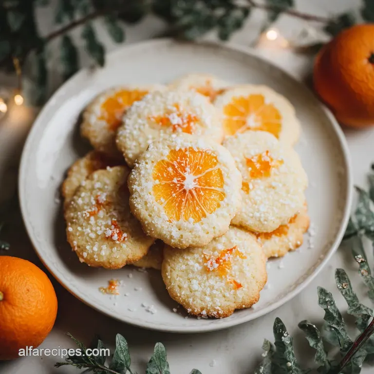 A trio of bright orange sugar cookies, artfully arranged on a white plate dusted with powdered sugar. A winter treat.