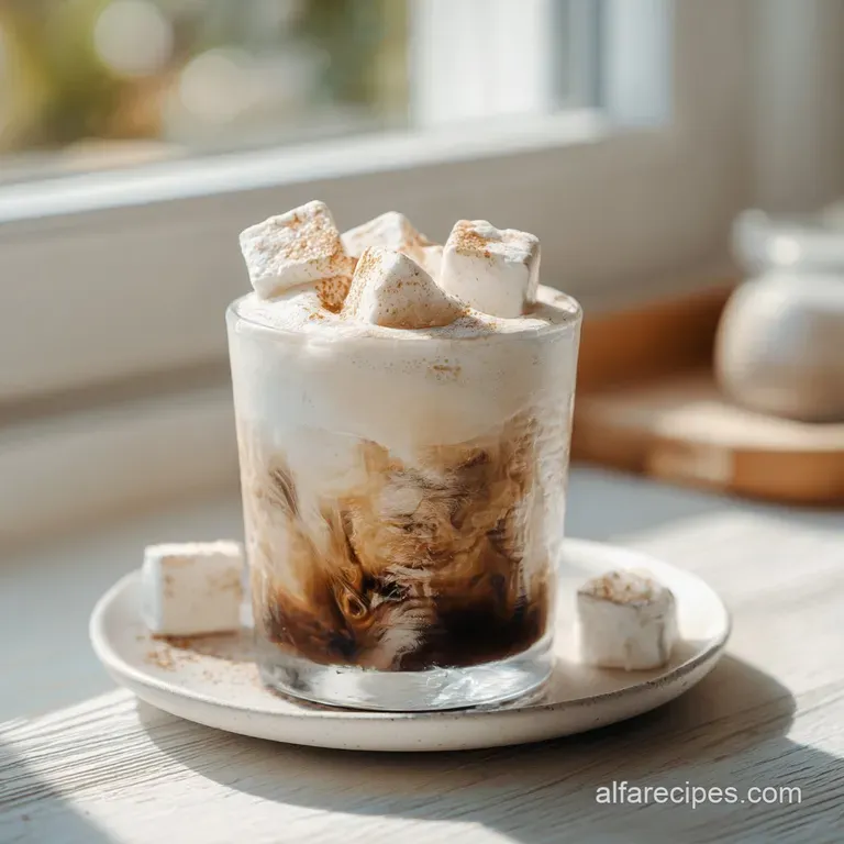 An elegant glass filled with a pale, milky cocktail, adorned with a sprinkle of dark cocoa dust.