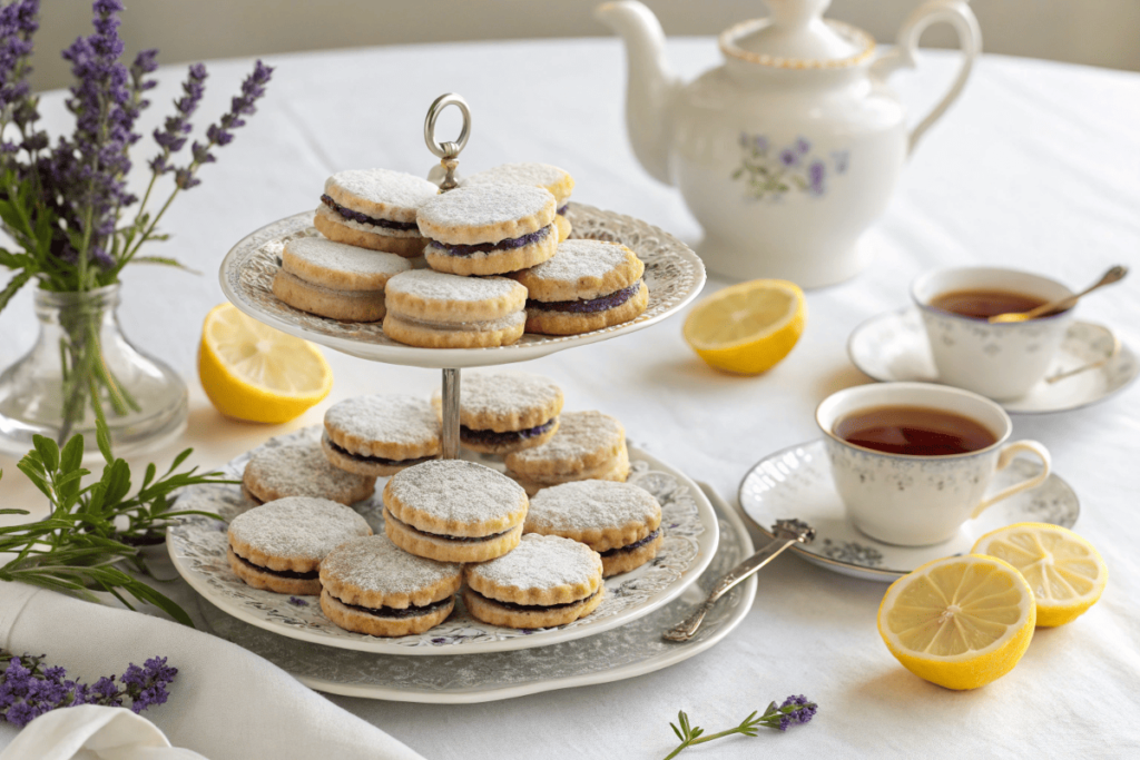 Earl Grey cookies displayed on a tiered tray with tea and lavender.