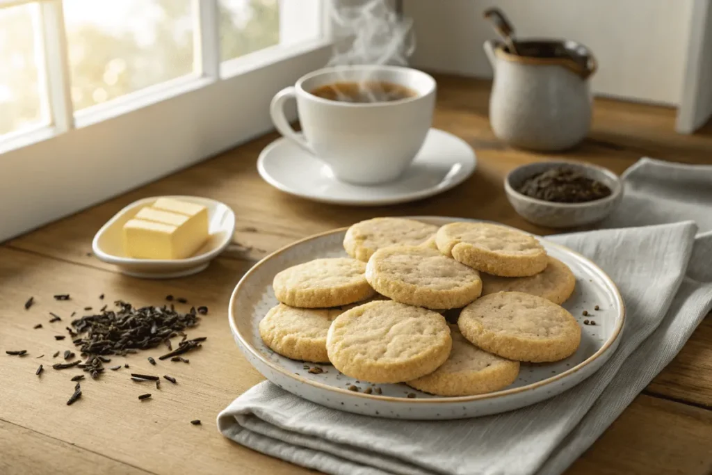 Earl Grey cookies on a plate with tea and teapot