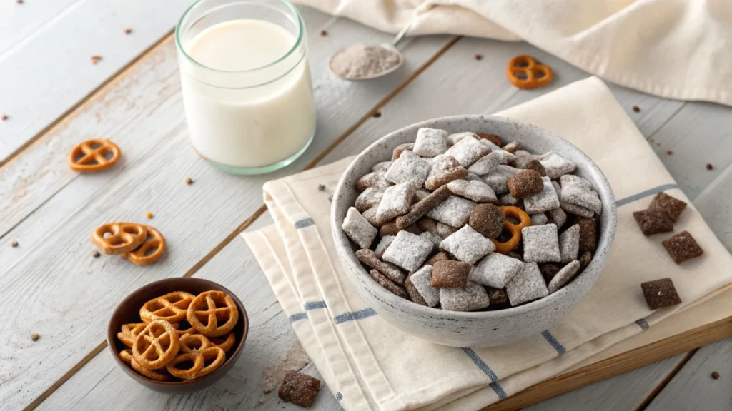 A bowl of Muddy Buddies snack coated in powdered sugar with a glass of milk.