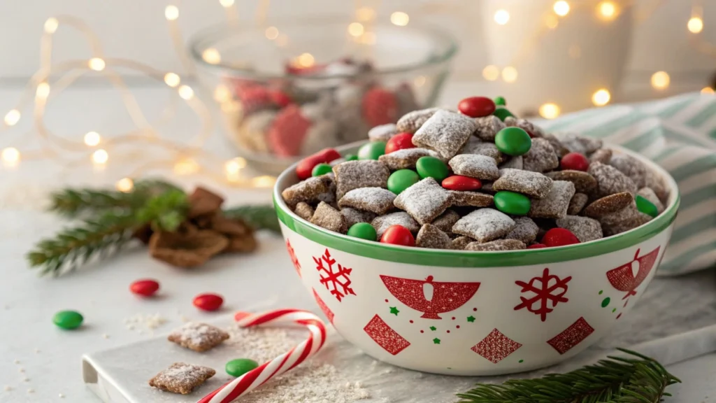 Holiday-themed Muddy Buddies with red and green candies and peppermint.