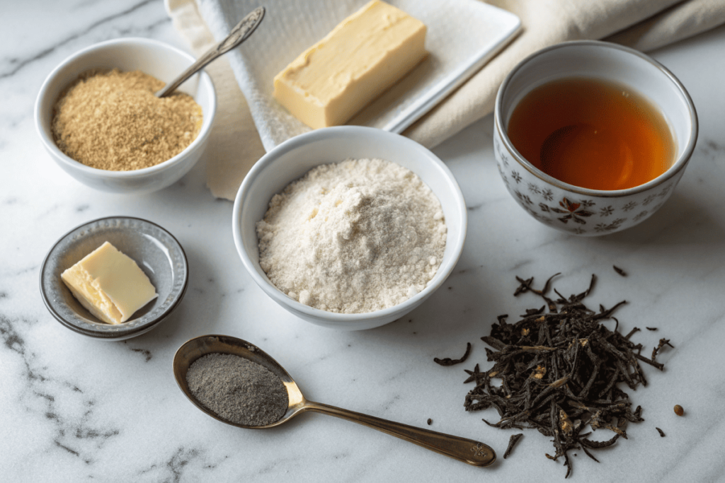  Ingredients for Earl Grey cookies displayed on a marble countertop