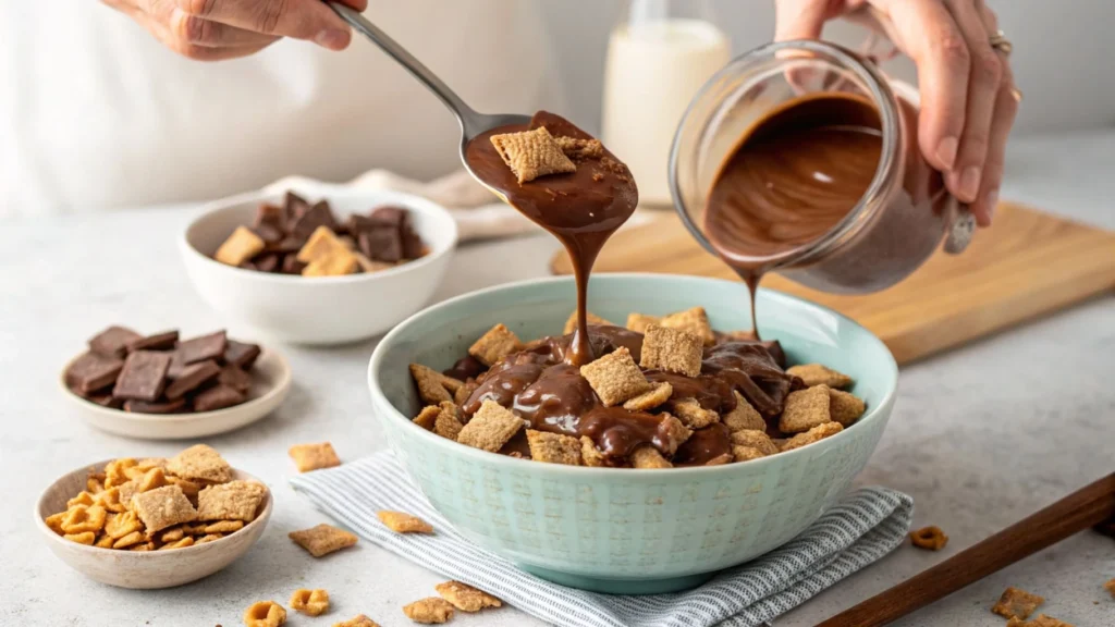 Hands pouring melted chocolate over cereal squares for Muddy Buddies.