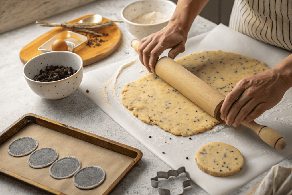 Rolling out Earl Grey cookie dough on a floured surface.