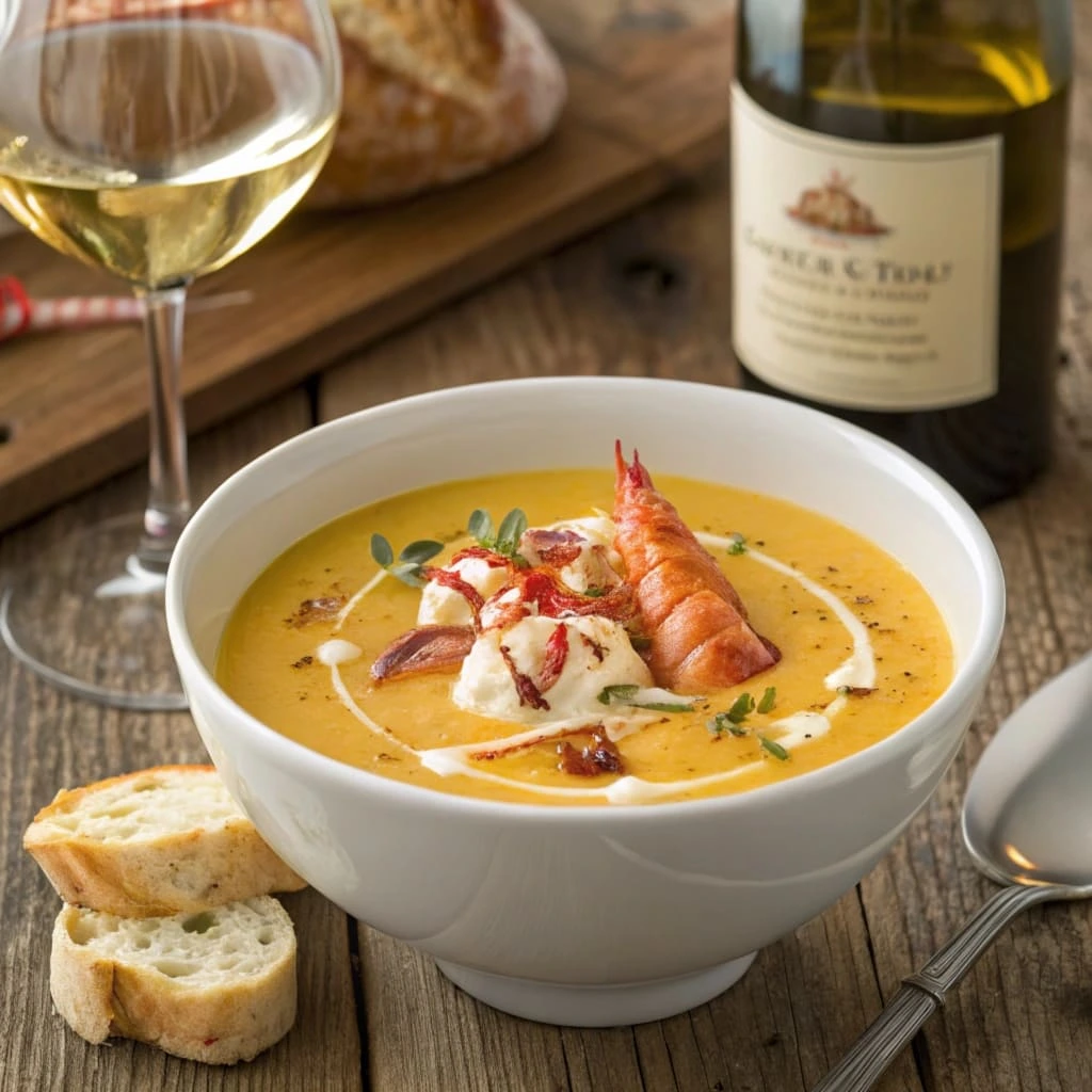 Featured image of lobster bisque with saffron infusion in a gourmet setting.