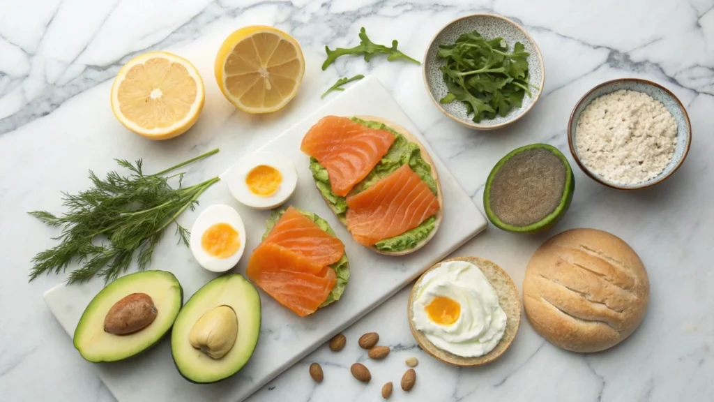 Fresh ingredients for Smoked Salmon and Avocado Eggs Royale on a marble countertop