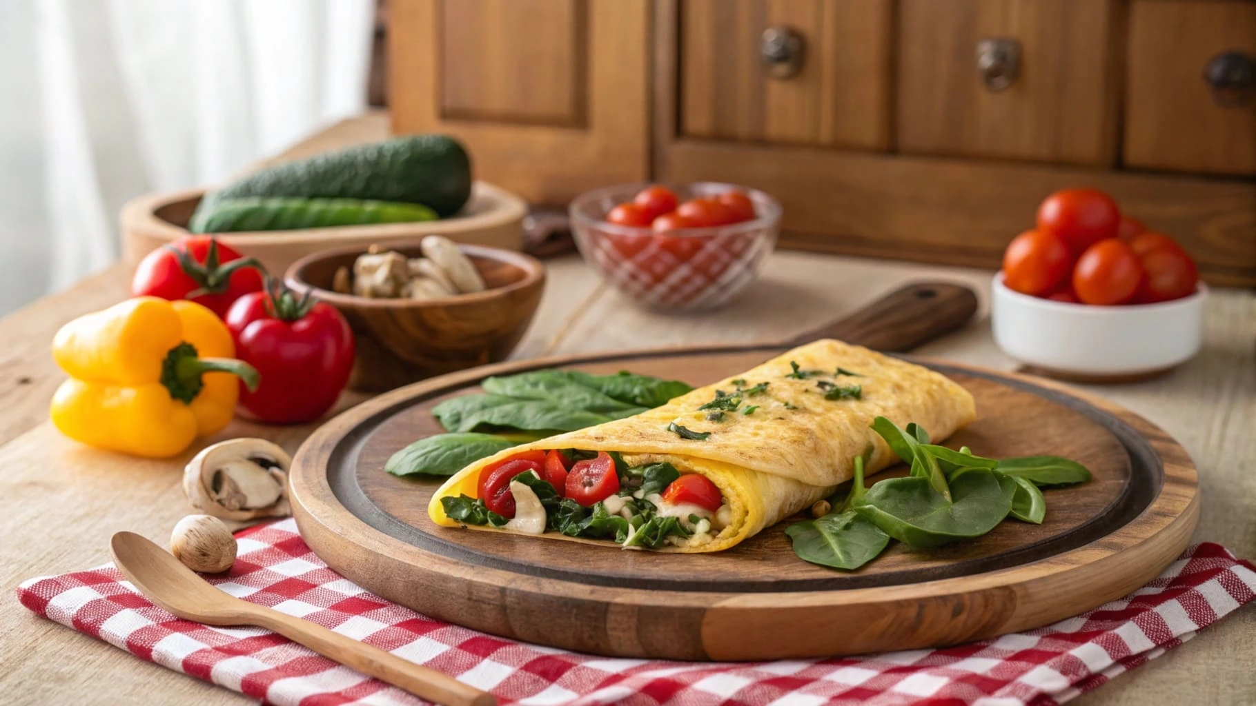 A rolled veggie omelette surrounded by fresh vegetables on a wooden plate.