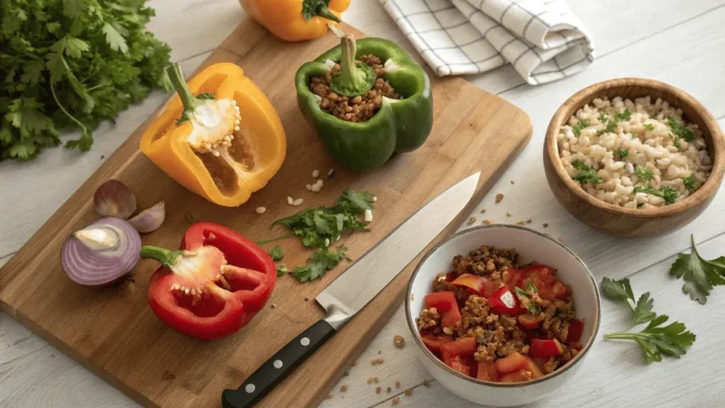 Fresh bell peppers being cut and cleaned before stuffing.