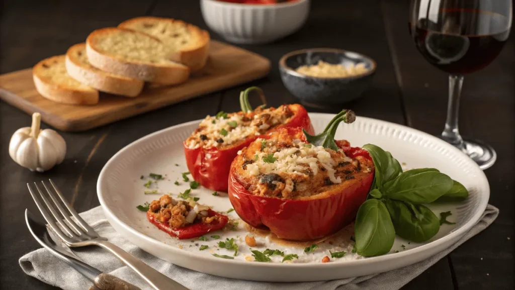 A plated serving of roasted stuffed bell peppers with a side of garlic bread.