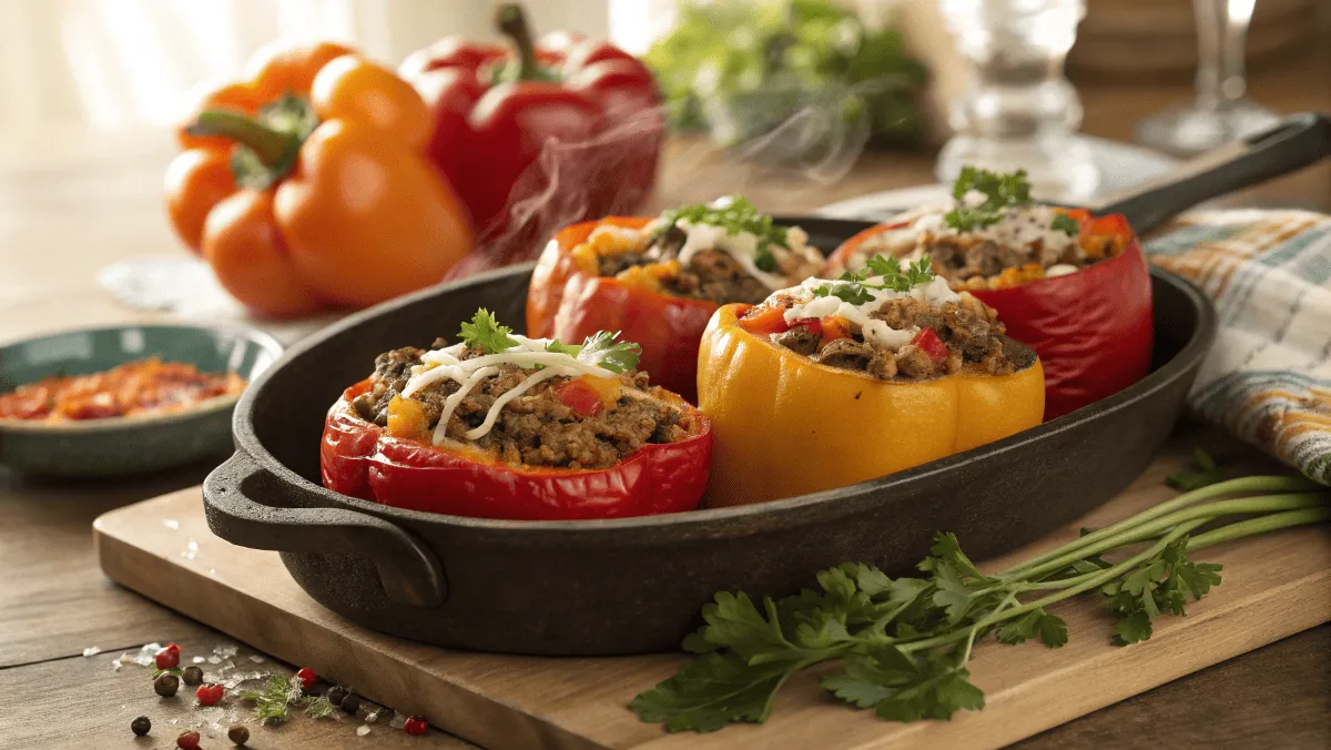 A tray of freshly roasted stuffed bell peppers with melted cheese.