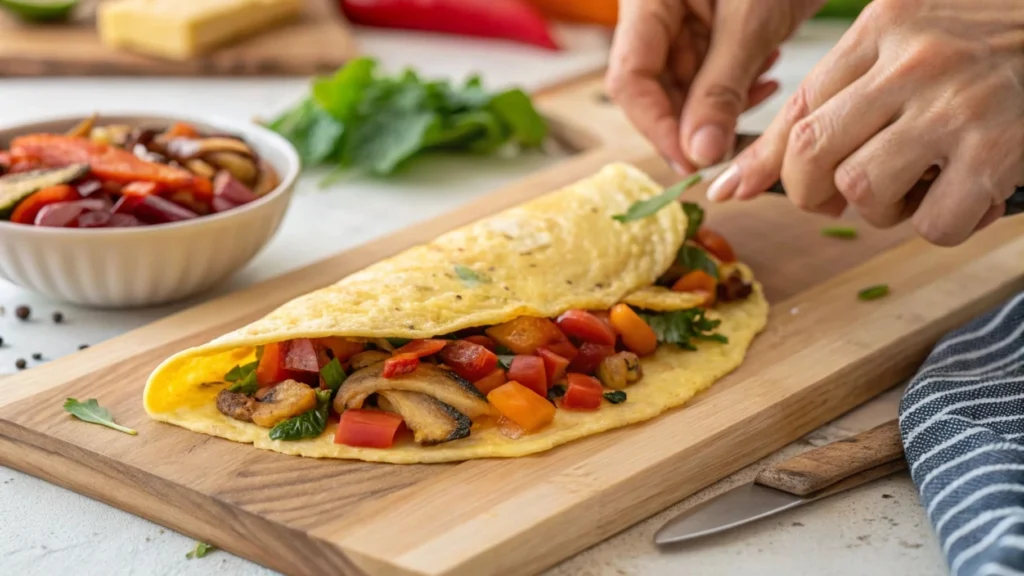 Hands rolling a veggie omelette filled with sautéed vegetables.