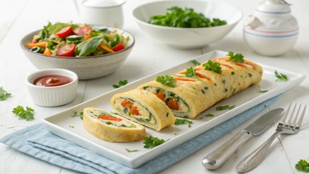 Sliced veggie omelette roll served with salad and dipping sauce.