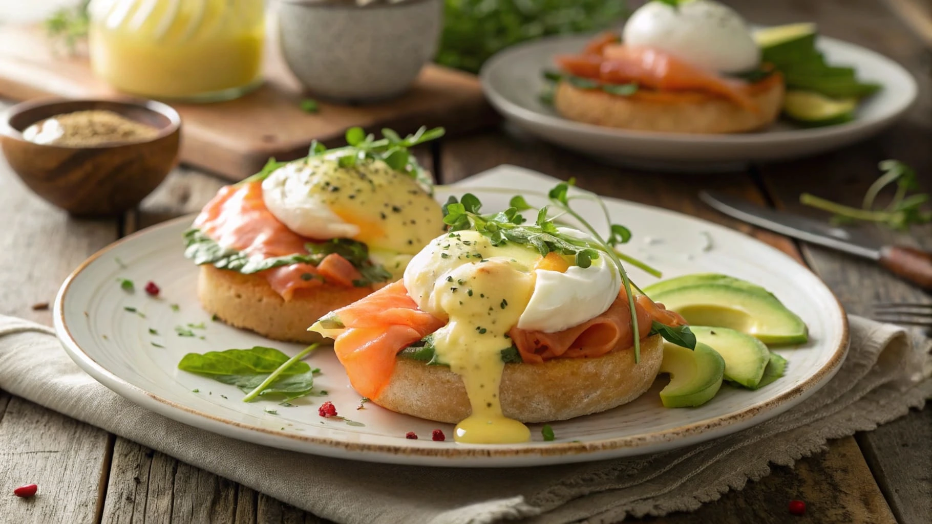 Brunch plate with smoked salmon and avocado Eggs Royale topped with hollandaise sauce and poached eggs.