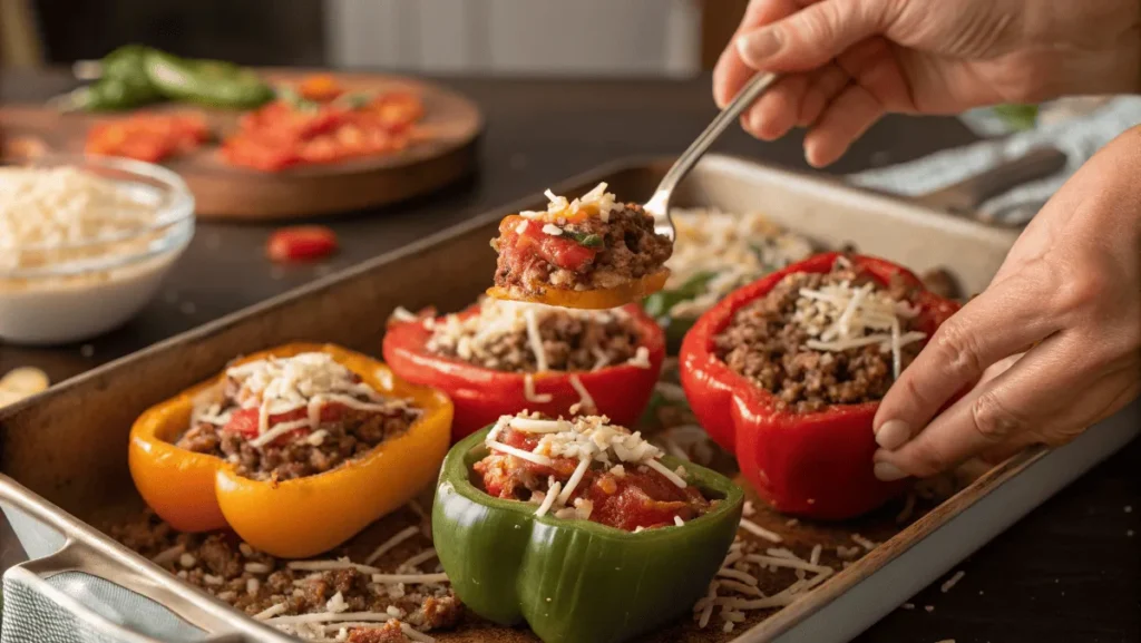Hands stuffing bell peppers with a hearty rice and meat mixture.