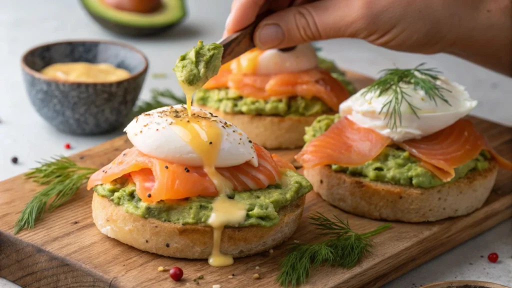 Step-by-step assembly of Smoked Salmon and Avocado Eggs Royale on a wooden plate.