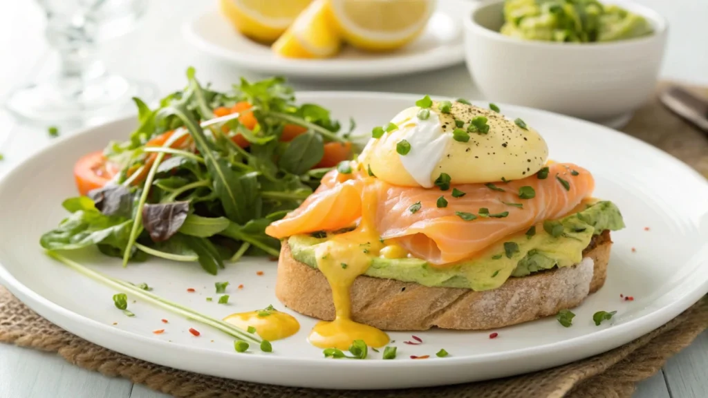 Plated Smoked Salmon and Avocado Eggs Royale with fresh garnishes and salad.