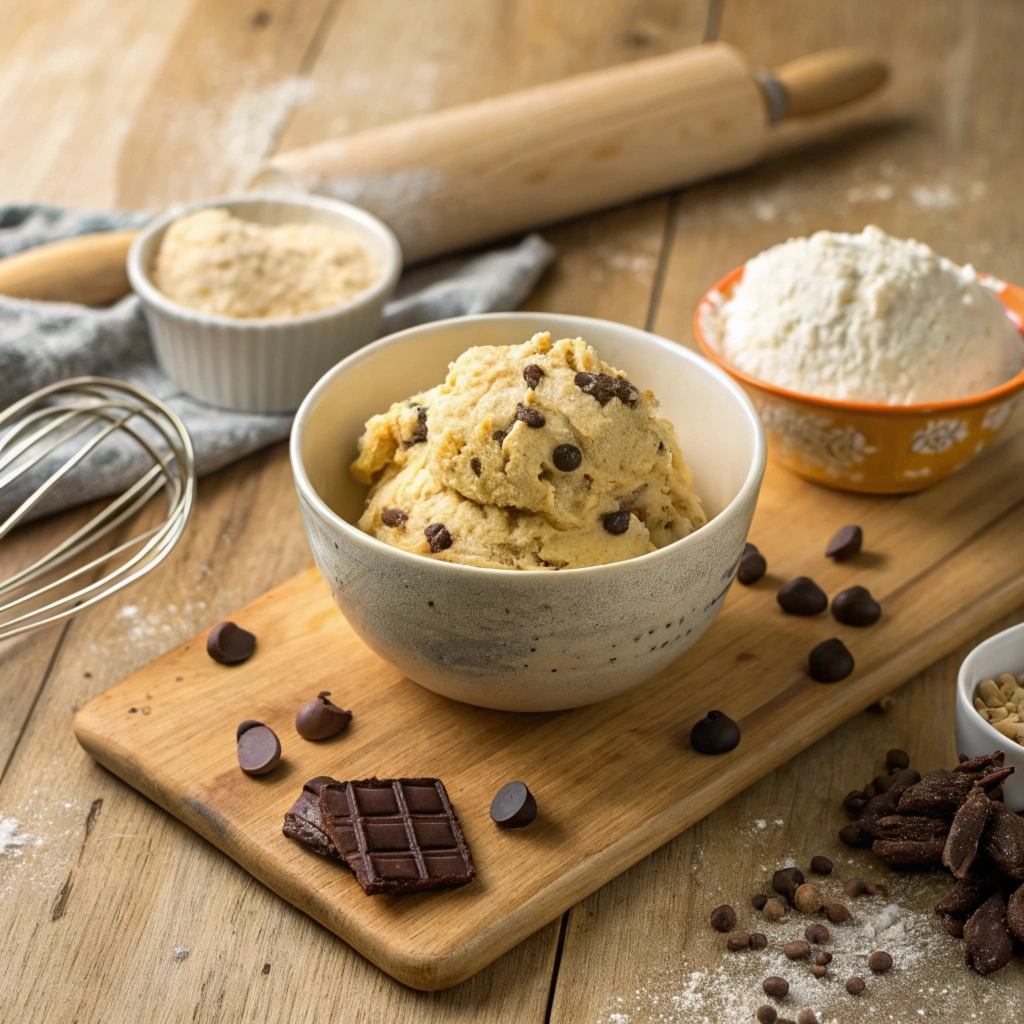 A bowl of cottage cheese cookie dough on a wooden counter with chocolate chips.