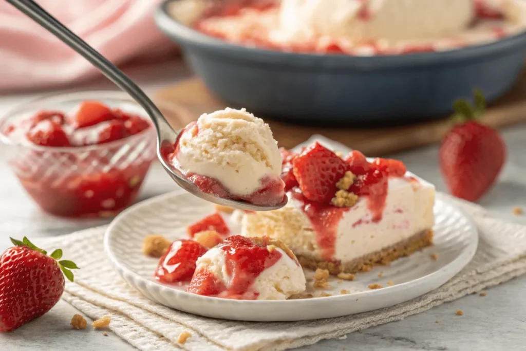 A spoonful of Sonic’s Strawberry Cheesecake Blast showing creamy ice cream, strawberry sauce, and cheesecake chunks in detail.