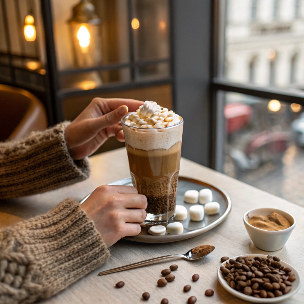 Hands holding a steaming glass of Einspänner coffee in a cozy Viennese café.