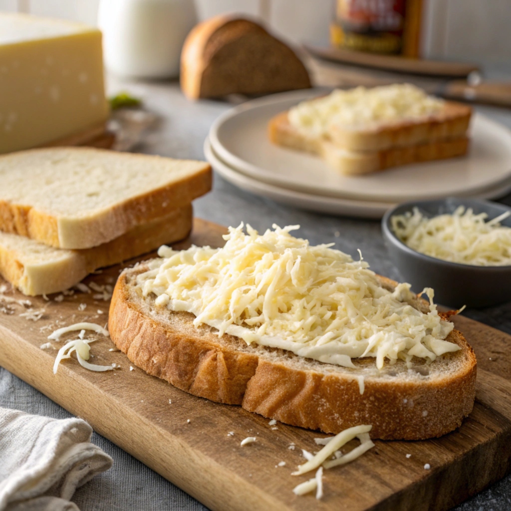 Assembly process of Starbucks grilled cheese sandwich with cheese and bread.