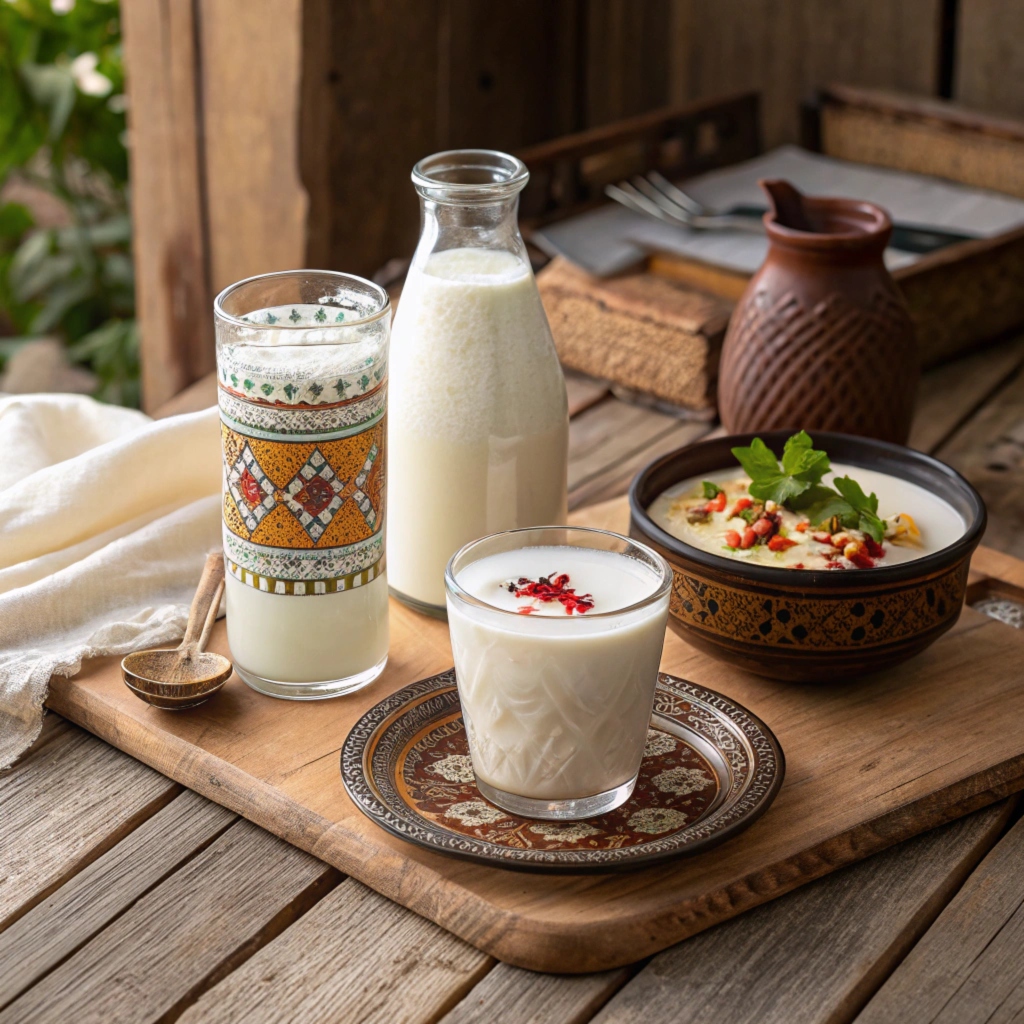 A variety of yogurt drinks on a rustic table with cultural decor.