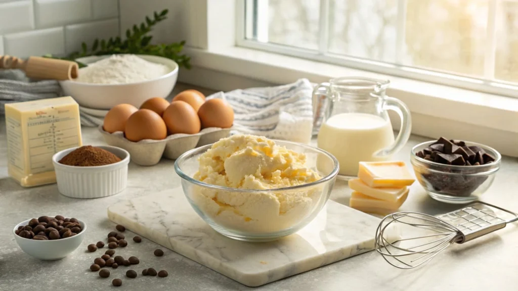 Baking ingredients and creamed butter-sugar mixture on a kitchen counter.